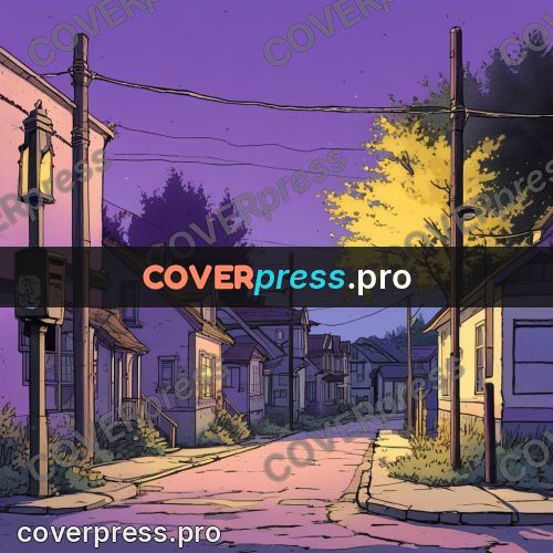 Moebius style illustration: quiet street at dusk