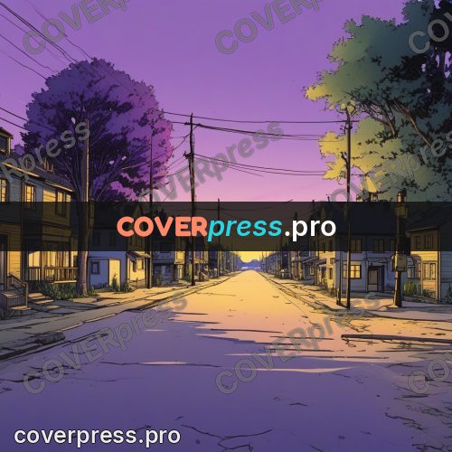 Moebius style illustration: quiet street at dusk