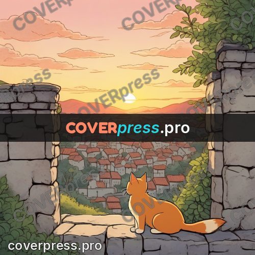 Moebius style illustration: ginger cat on a stone wall