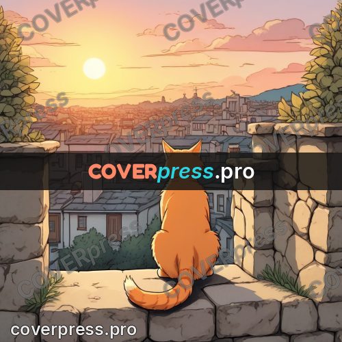 Moebius style illustration: ginger cat on a stone wall