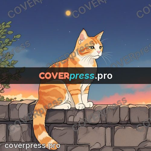 Moebius style illustration: ginger cat on a stone wall