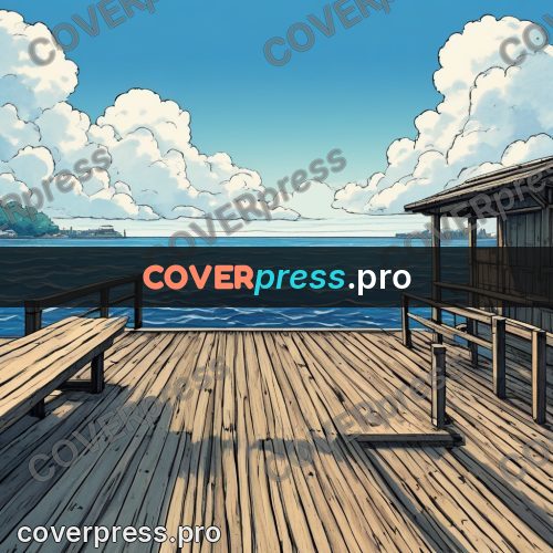 Moebius style illustration: wooden deck above the sea