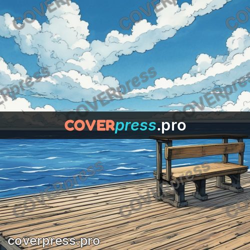 Moebius style illustration: wooden deck above the sea