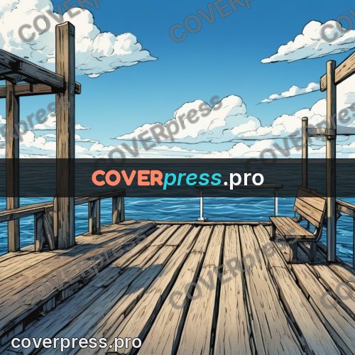 Moebius style illustration: wooden deck above the sea