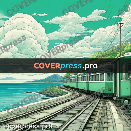 Moebius style illustration: green train by the sea