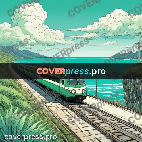 Moebius style illustration: green train by the sea