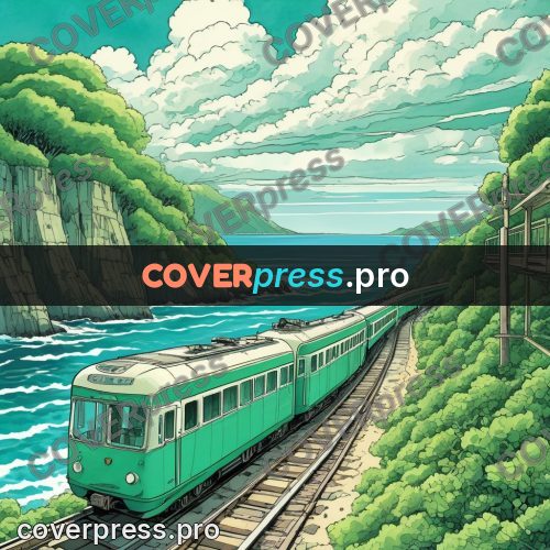 Moebius style illustration: green train by the sea