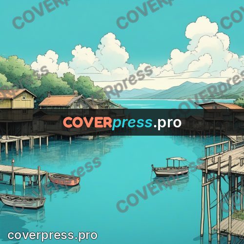 Moebius style illustration: stilt houses above the water