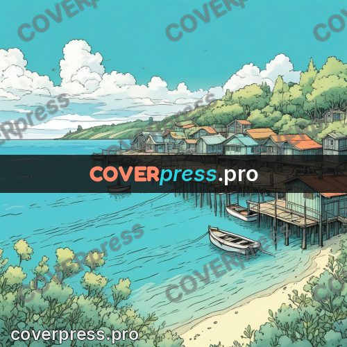 Moebius style illustration: stilt houses above the water