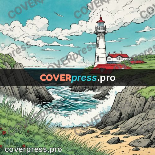 Moebius style illustration: lighthouse on a rocky shore