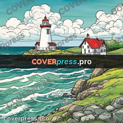 Moebius style illustration: lighthouse on a rocky shore