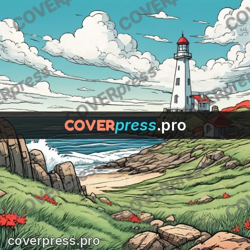 Moebius style illustration: lighthouse on a rocky shore