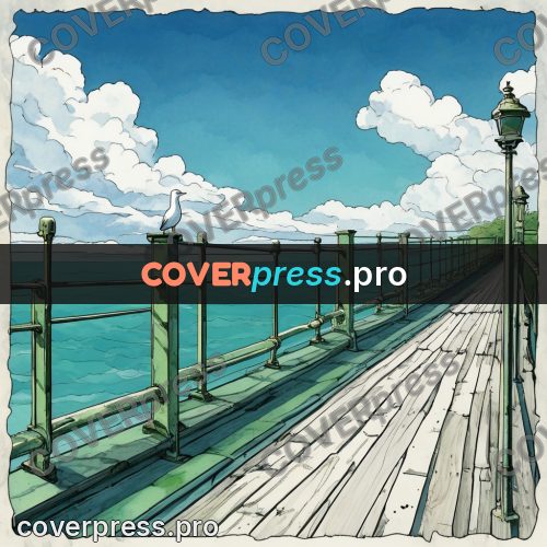 Moebius style illustration: gull on a pier railing
