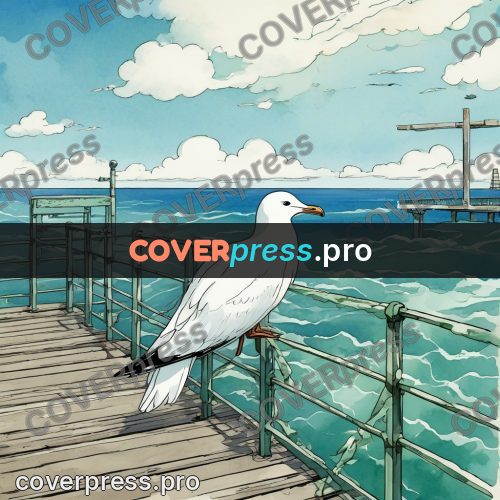 Moebius style illustration: gull on a pier railing