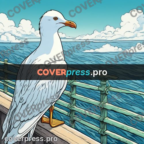 Moebius style illustration: gull on a pier railing