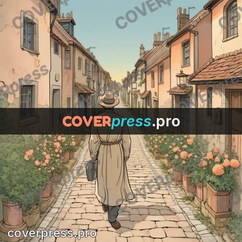 Moebius style illustration: people in a lane with roses
