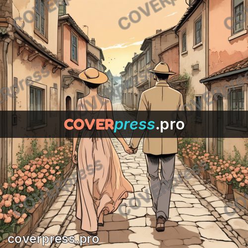 Moebius style illustration: people in a lane with roses