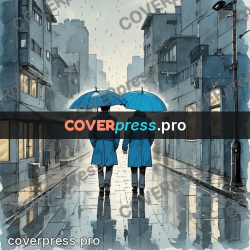 Moebius style illustration: blue umbrellas in the rain