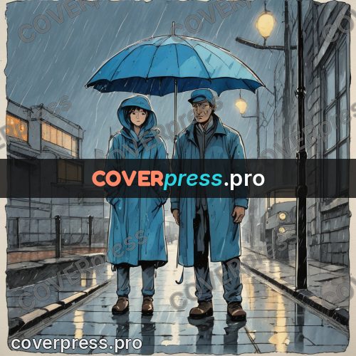Moebius style illustration: blue umbrellas in the rain