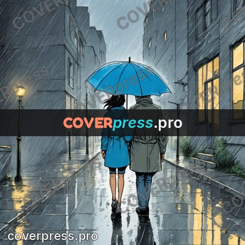 Moebius style illustration: blue umbrellas in the rain