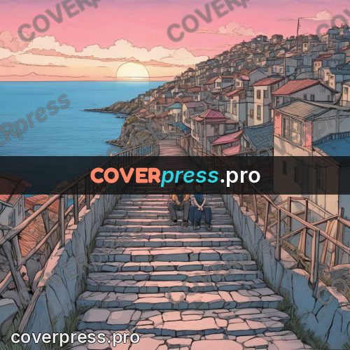 Moebius style illustration: stone stairway to the sea
