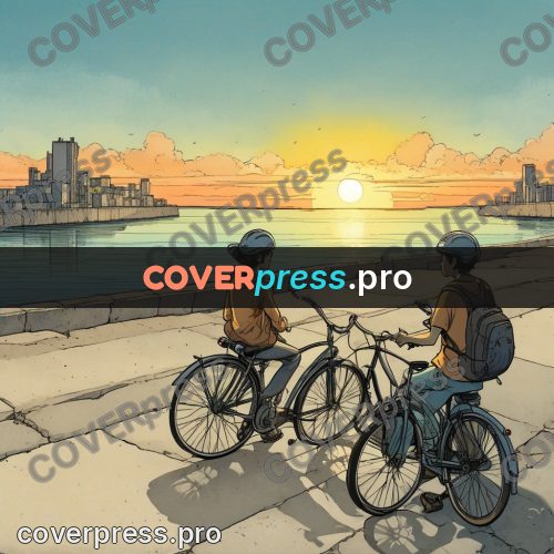 Moebius style illustration: bicycles by a parapet at sunset