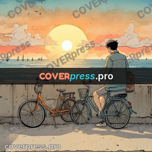 Moebius style illustration: bicycles by a parapet at sunset