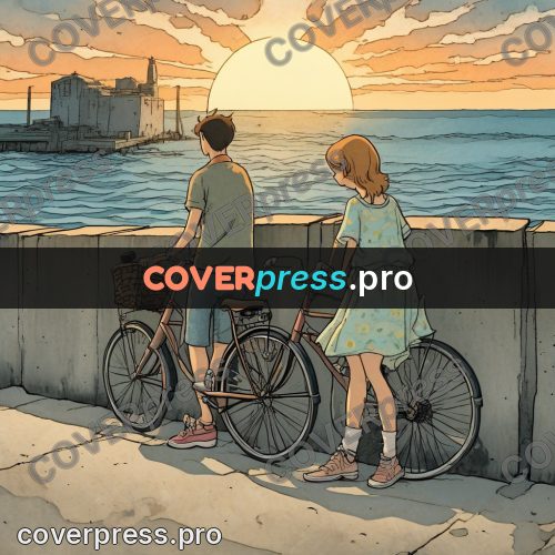 Moebius style illustration: bicycles by a parapet at sunset