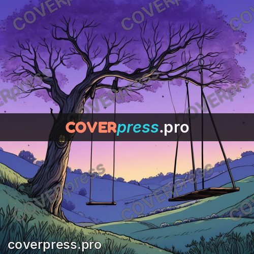 Moebius style illustration: swing on a tree at dusk