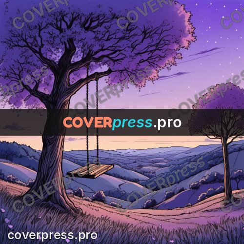 Moebius style illustration: swing on a tree at dusk
