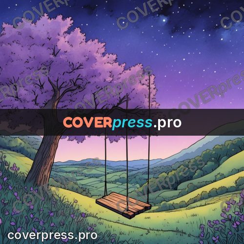 Moebius style illustration: swing on a tree at dusk