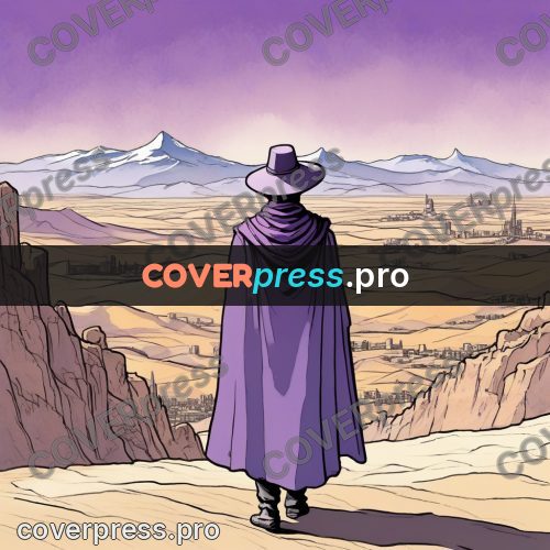 Moebius style illustration: figure in a purple cloak