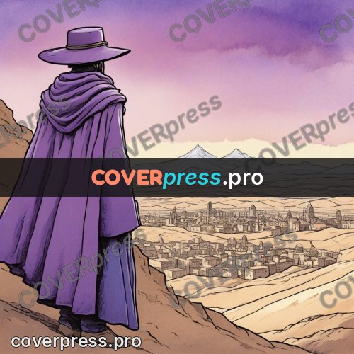 Moebius style illustration: figure in a purple cloak