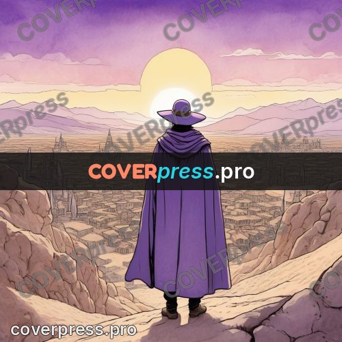 Moebius style illustration: figure in a purple cloak