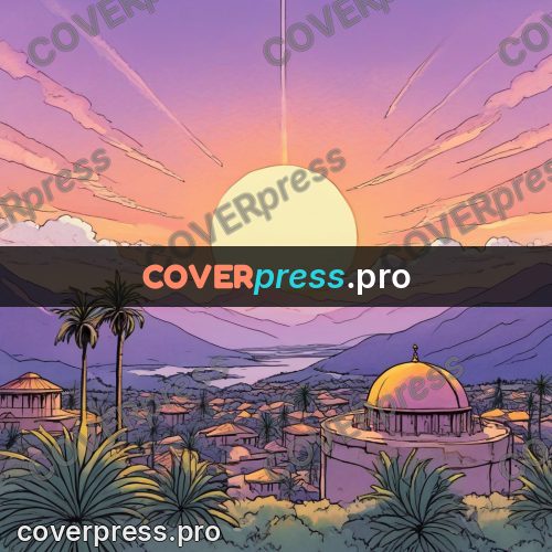 Moebius style illustration: desert town at sunrise