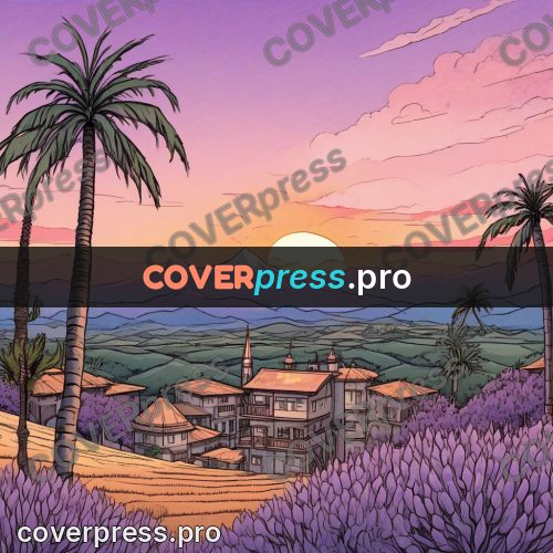 Moebius style illustration: desert town at sunrise