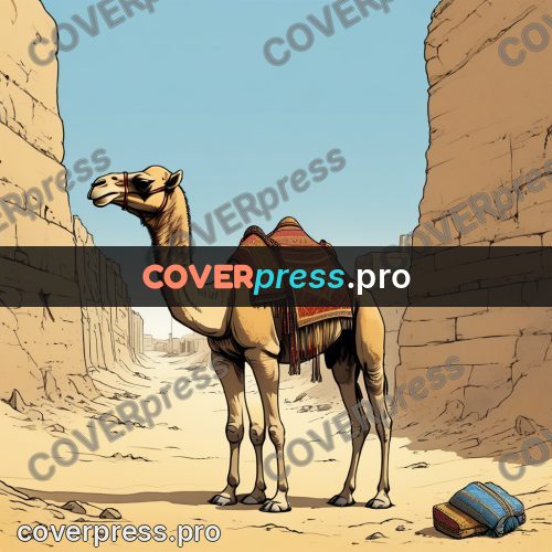 Moebius style illustration: camel by a sandstone wall
