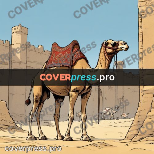 Moebius style illustration: camel by a sandstone wall