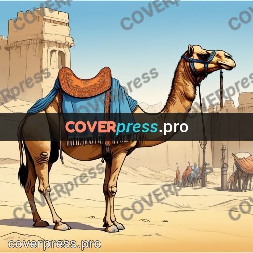 Moebius style illustration: camel by a sandstone wall