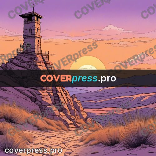 Moebius style illustration: tower on a desert rock