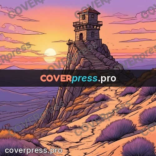 Moebius style illustration: tower on a desert rock