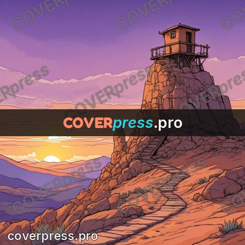 Moebius style illustration: tower on a desert rock