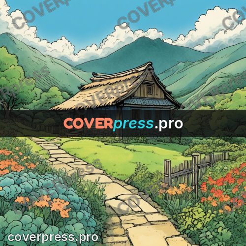 Moebius style illustration: house with a garden path