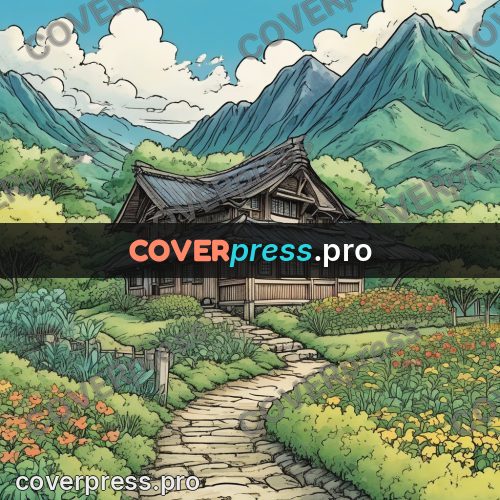 Moebius style illustration: house with a garden path