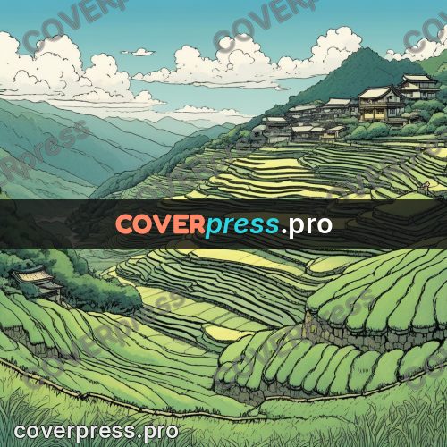 Moebius style illustration: terraces on green slopes