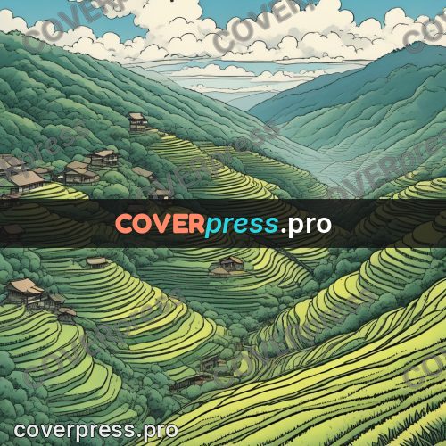 Moebius style illustration: terraces on green slopes