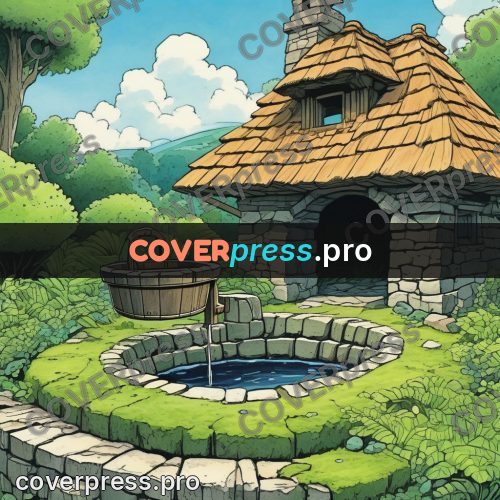 Moebius style illustration: stone well by a house