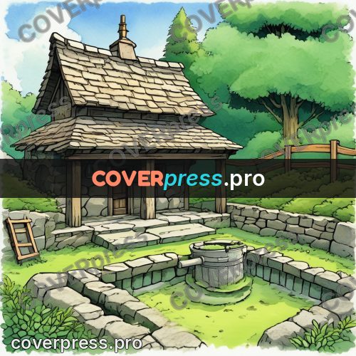Moebius style illustration: stone well by a house