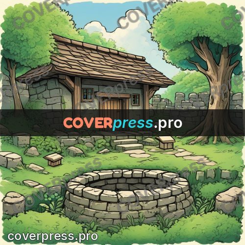 Moebius style illustration: stone well by a house