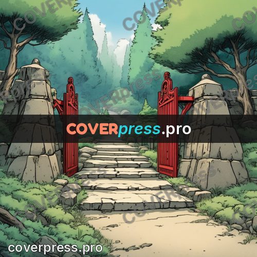 Moebius style illustration: red gates on a stairway